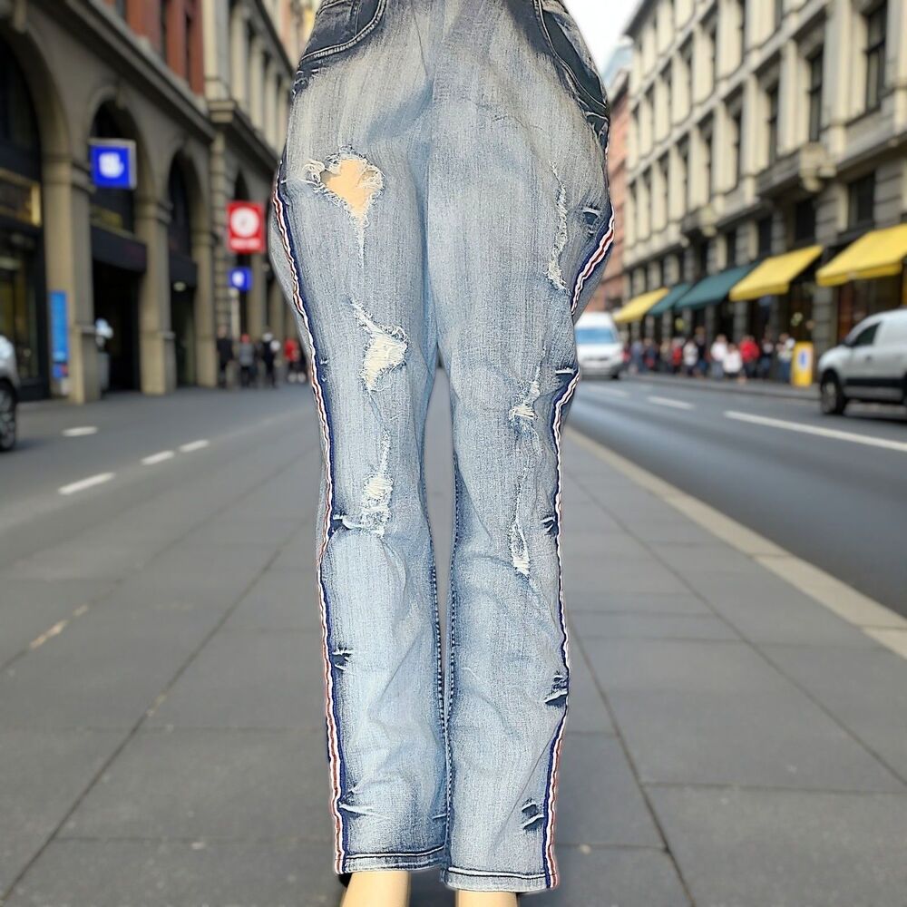 Premium LV Lavish Jeans Red White Blue Stripe Distressed Y2K Denim Jeans